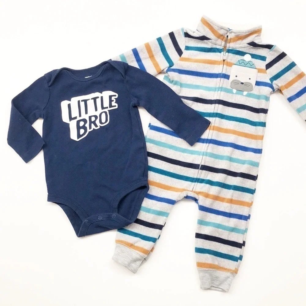 Carter's baby boy Little Bro onesie + winter striped fleece zip up jumpsuit